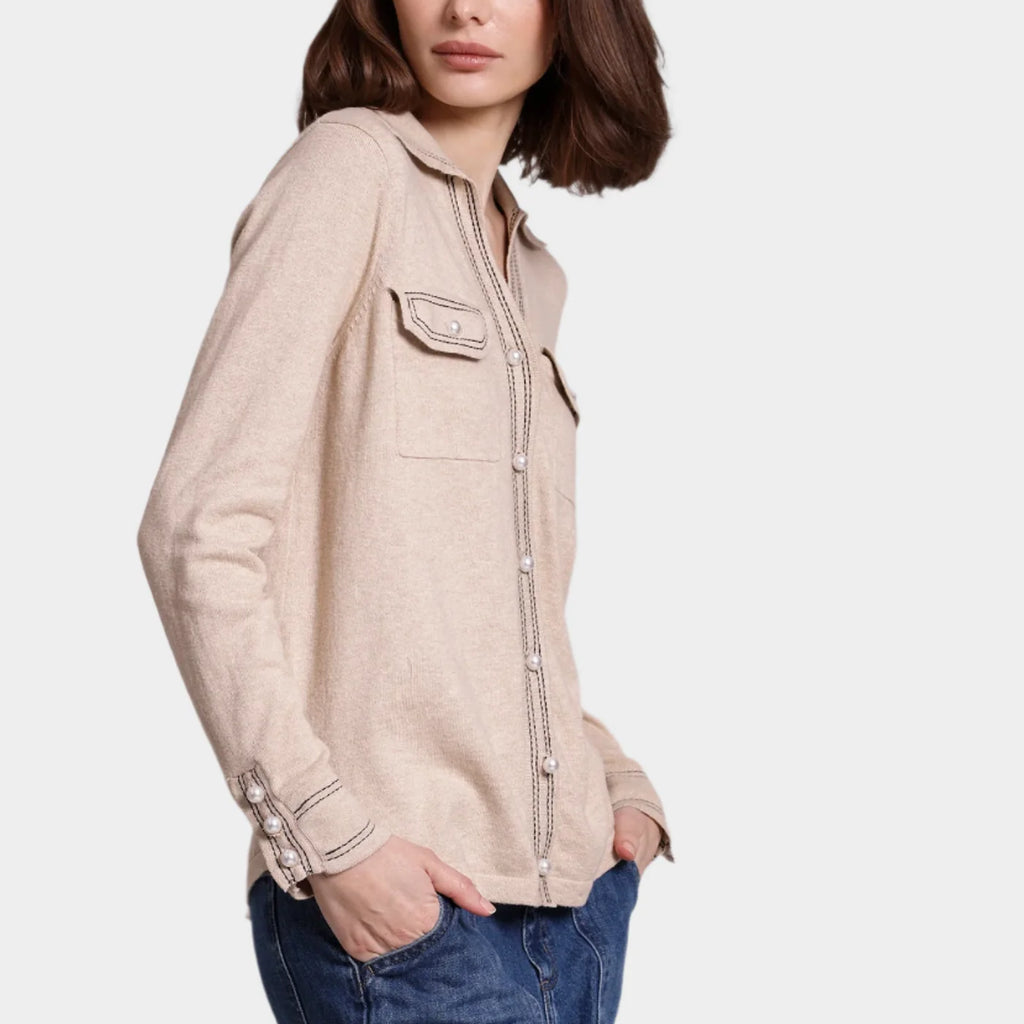 Minnie Rose Cotton Cashmere Pearl Button Shirt with Stitching