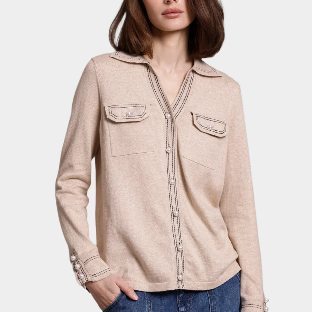 Minnie Rose Cotton Cashmere Pearl Button Shirt with Stitching