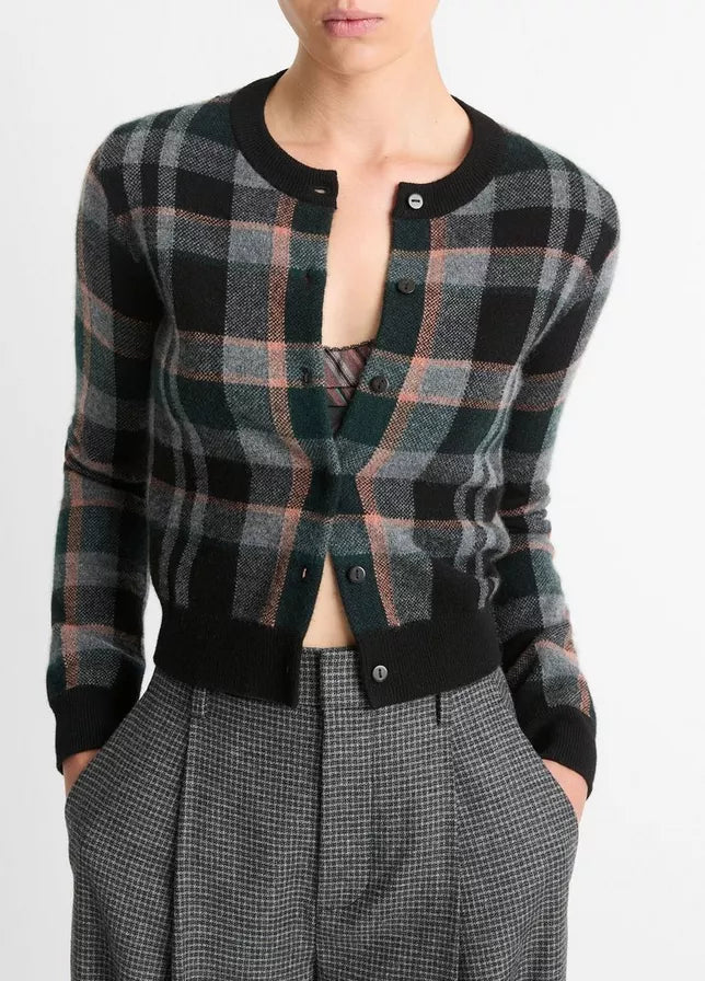 Vince Cashmere Plaid Cardigan