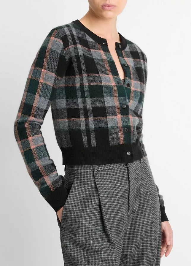 Vince Cashmere Plaid Cardigan