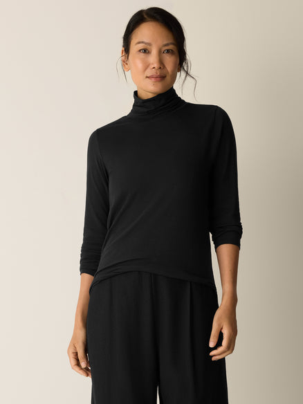 Eileen Fisher Sheer Cotton Blend Knit Turtleneck Top