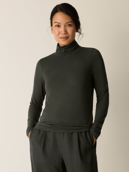 Eileen Fisher Sheer Cotton Blend Knit Turtleneck Top