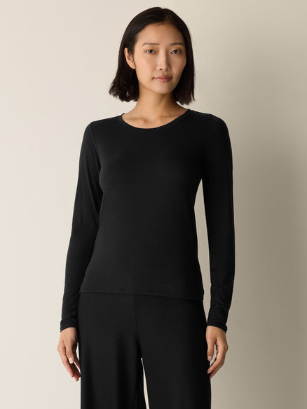Eileen Fisher Sheer Cotton Blend Knit Round Neck Tee