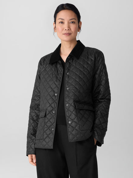 Eileen Fisher Eggshell Recycled Nylon Quilted Classic Collar Jacket