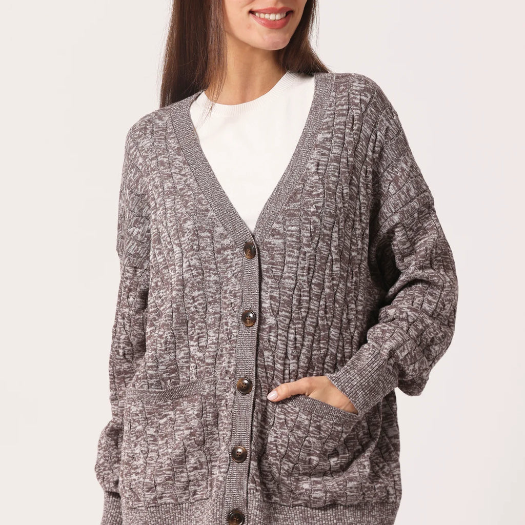 Minnie Rose Cotton Oversized Marled Cable Cardigan