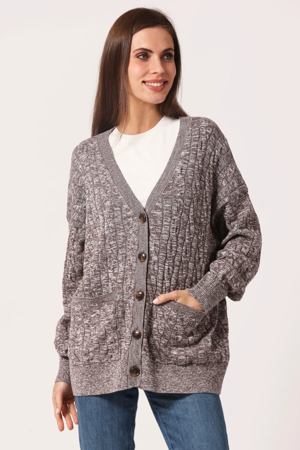 Minnie Rose Cotton Oversized Marled Cable Cardigan