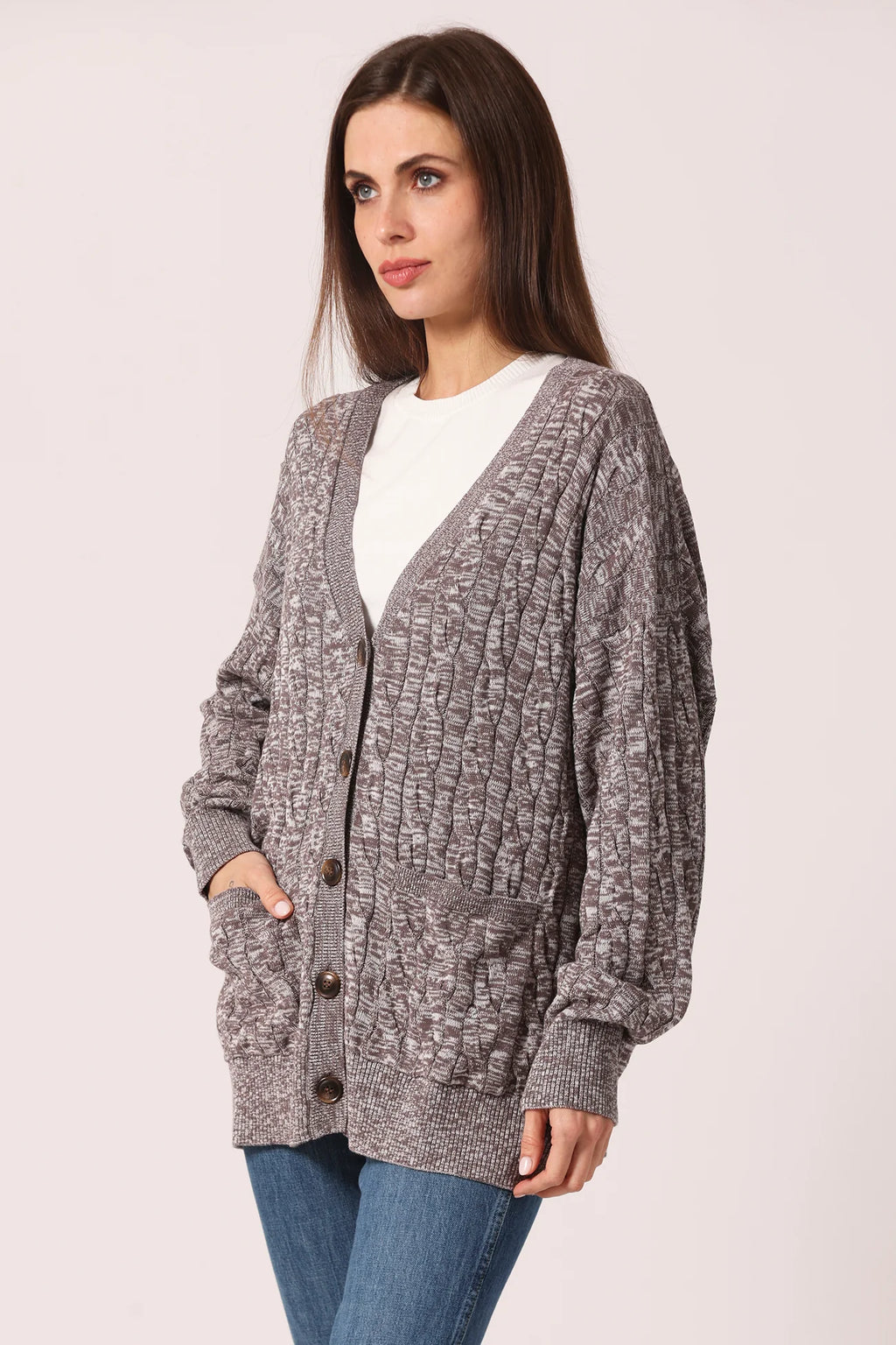 Minnie Rose Cotton Oversized Marled Cable Cardigan