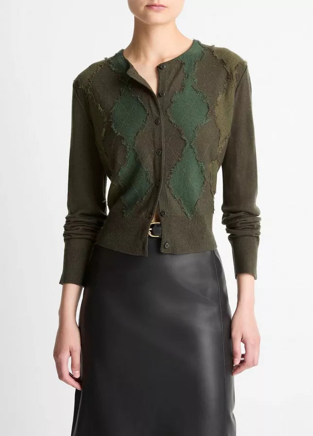 Vince Hand-Cut Argyle Wool-Blend Cardigan