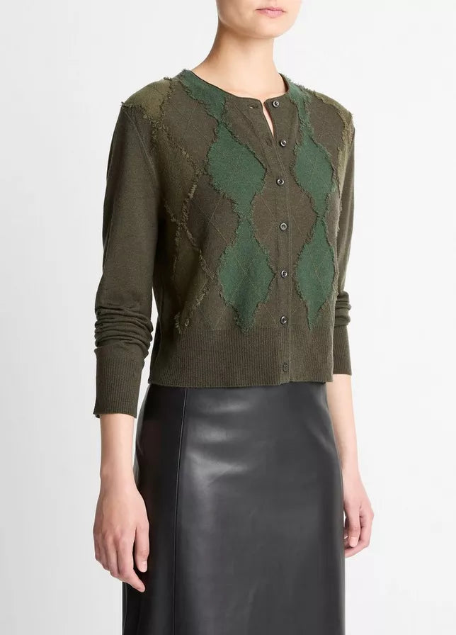 Vince Hand-Cut Argyle Wool-Blend Cardigan