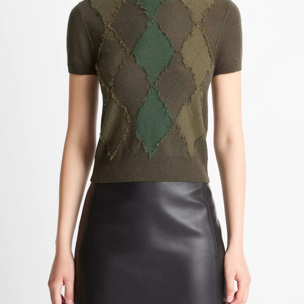 Vince Hand-Cut Argyle Wool-Blend Short-Sleeve Sweater