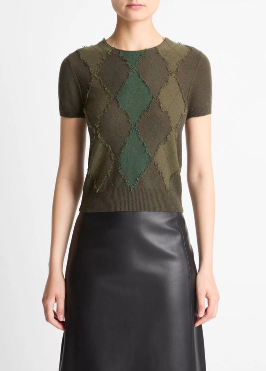 Vince Hand-Cut Argyle Wool-Blend Short-Sleeve Sweater