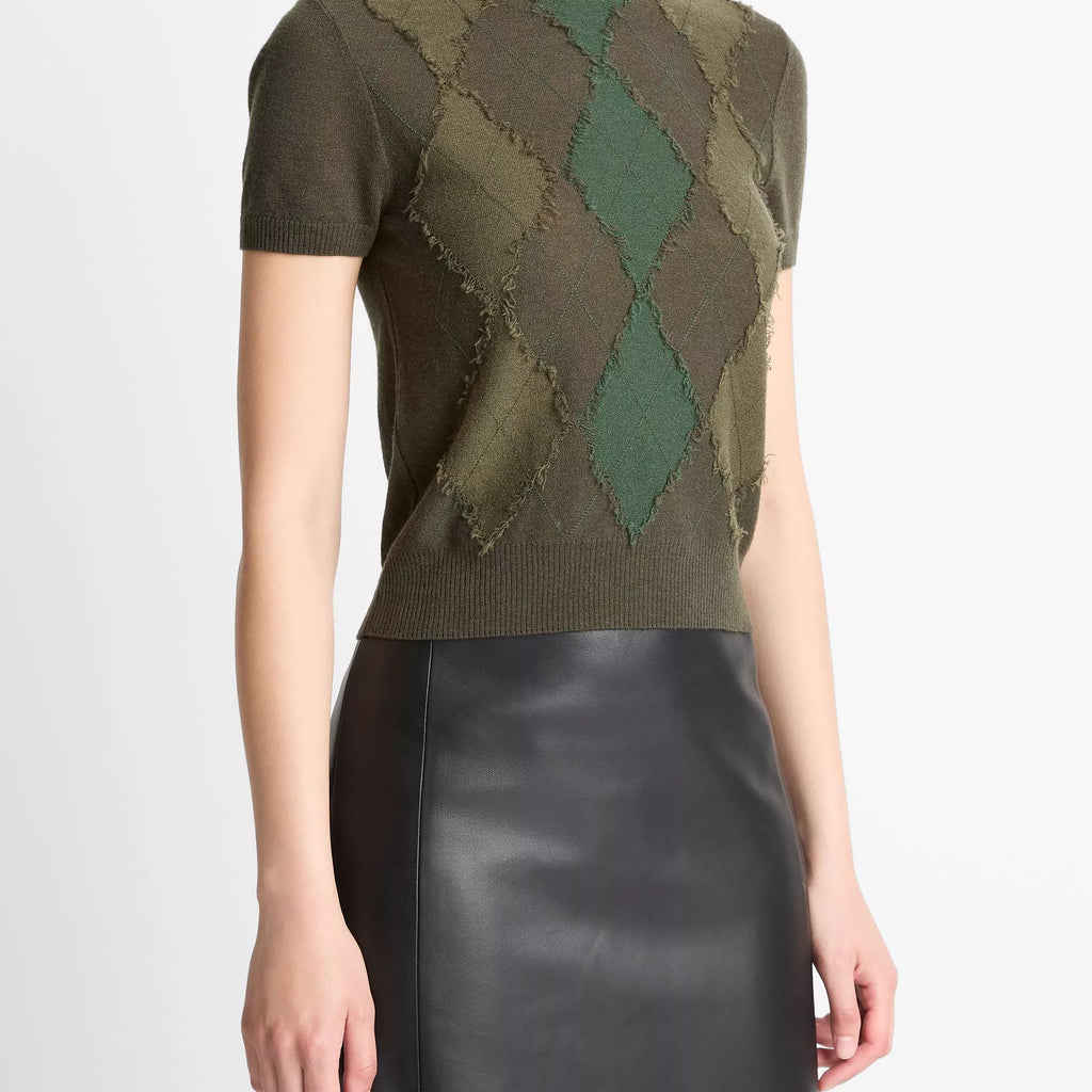 Vince Hand-Cut Argyle Wool-Blend Short-Sleeve Sweater