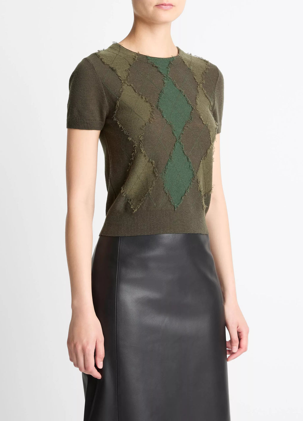 Vince Hand-Cut Argyle Wool-Blend Short-Sleeve Sweater