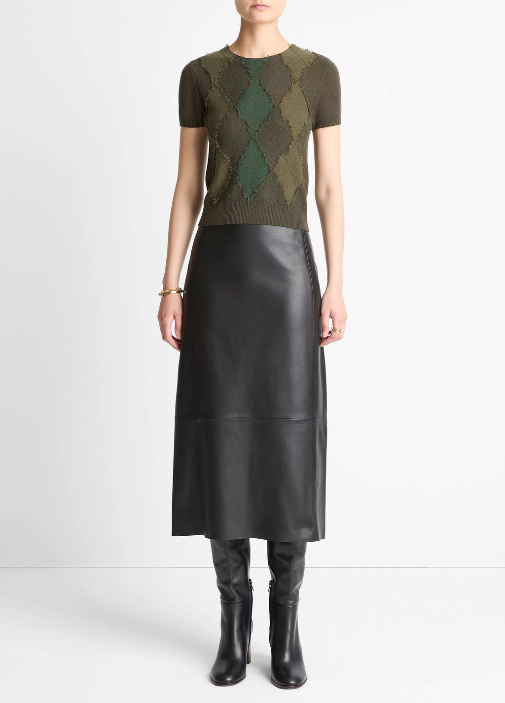 Vince Hand-Cut Argyle Wool-Blend Short-Sleeve Sweater