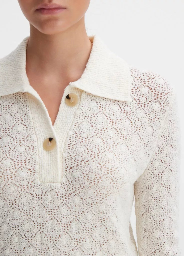 Vince Italian Wool-Blend Lace-Stitch Polo Sweater