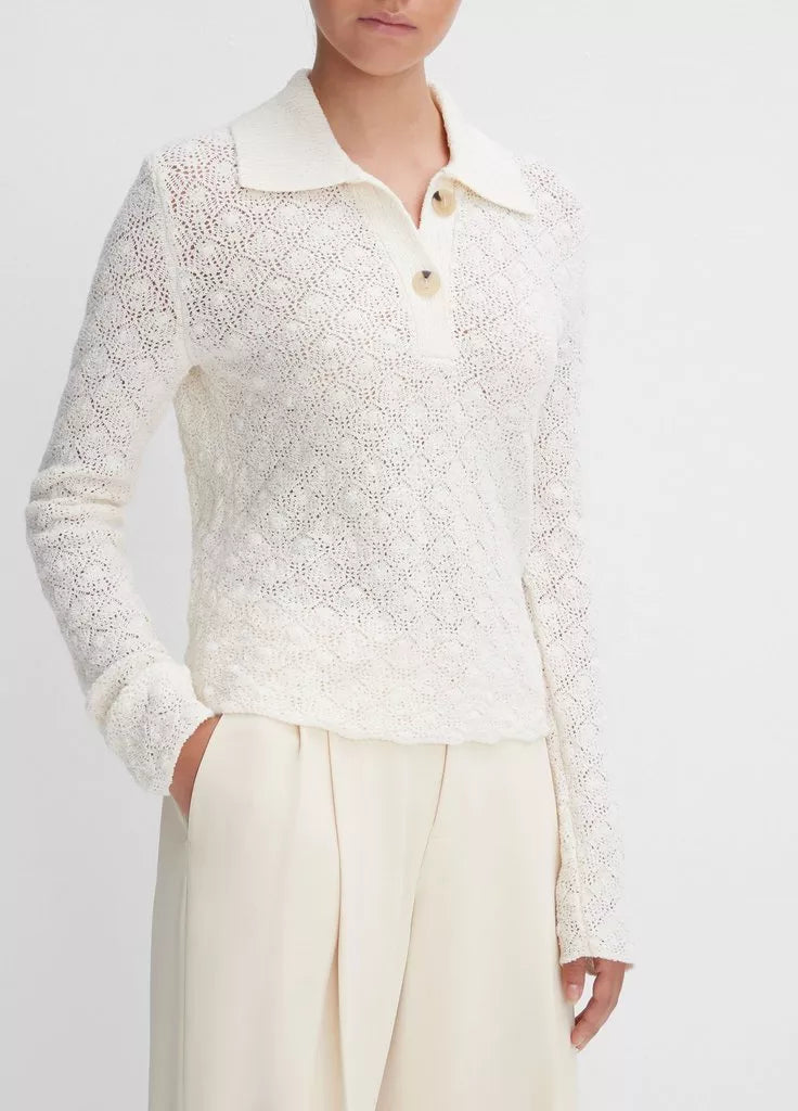 Vince Italian Wool-Blend Lace-Stitch Polo Sweater
