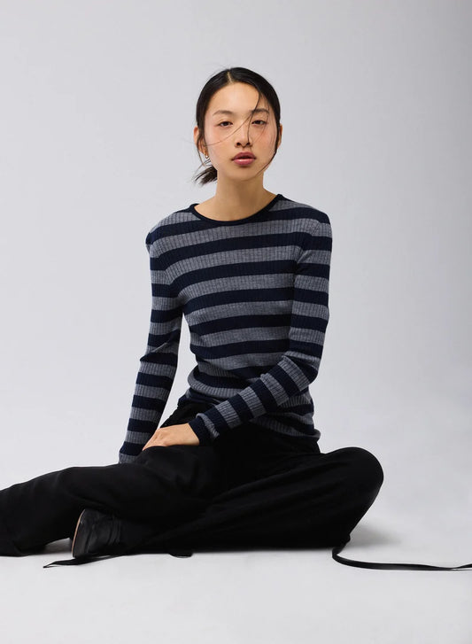 Majestic Filatures Merino Superfine Rib Knit Stripe Long Sleeve Crewneck T-Shirt