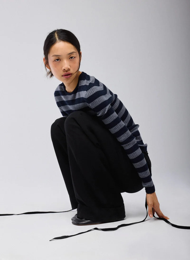 Majestic Filatures Merino Superfine Rib Knit Stripe Long Sleeve Crewneck T-Shirt