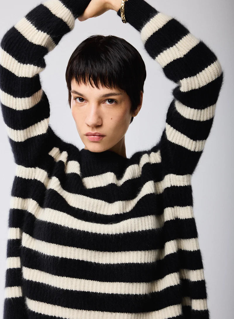 Majestic Filatures Merino Fox Striped Rib Long Sleeve Knit Boatneck