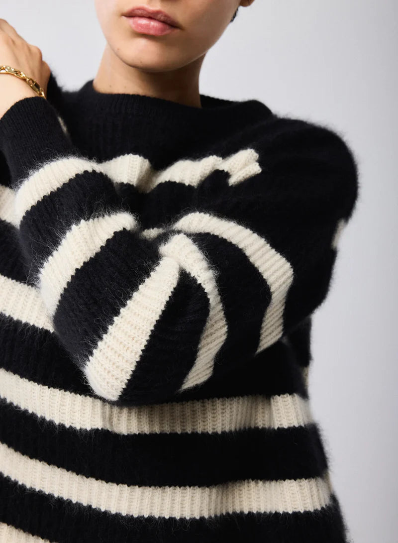 Majestic Filatures Merino Fox Striped Rib Long Sleeve Knit Boatneck