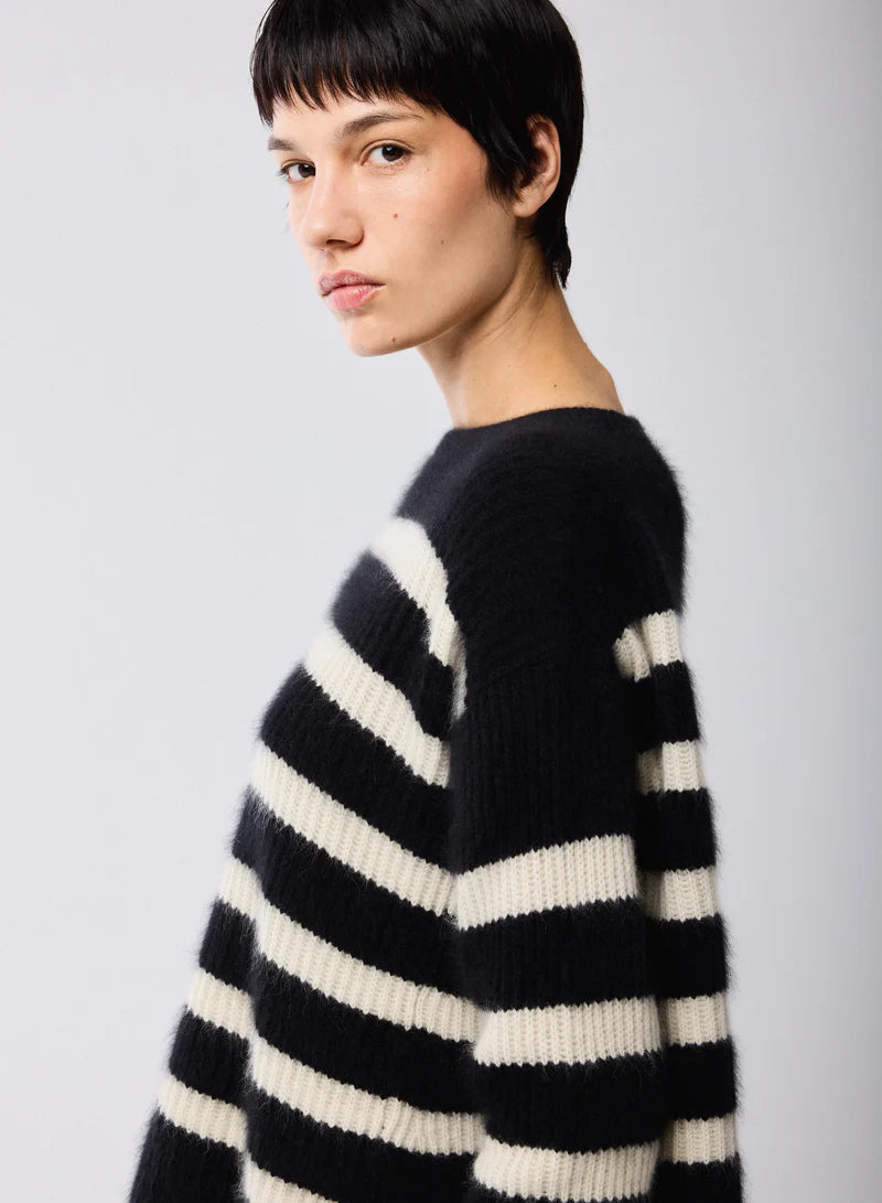 Majestic Filatures Merino Fox Striped Rib Long Sleeve Knit Boatneck