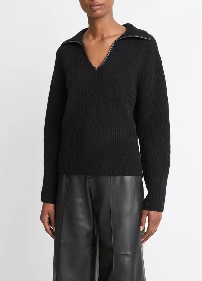 Vince Leather-Trim Wool-Cashmere Polo Sweater