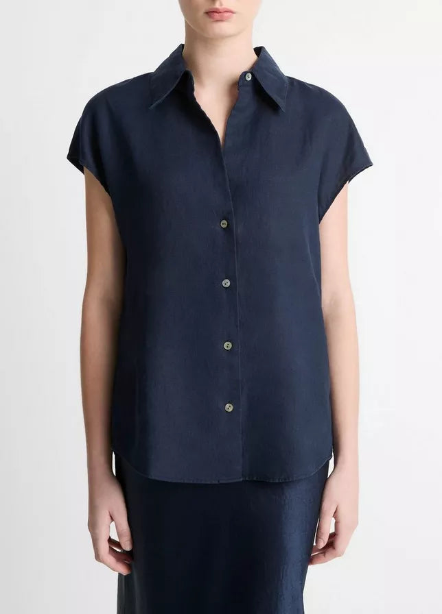 Vince  Linen Cap-Sleeve Button-Front Blouse