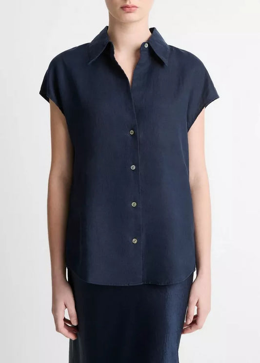 Vince  Linen Cap-Sleeve Button-Front Blouse