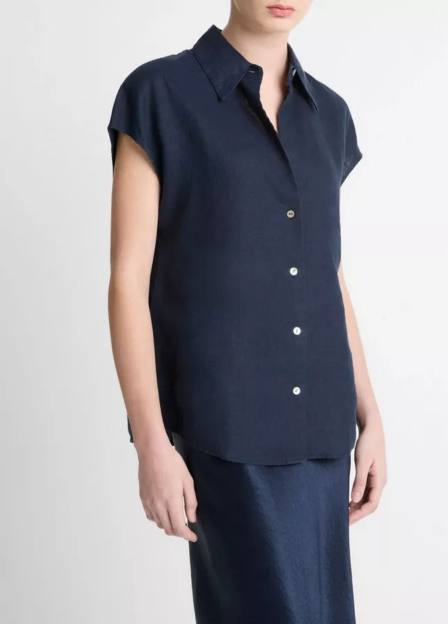 Vince  Linen Cap-Sleeve Button-Front Blouse