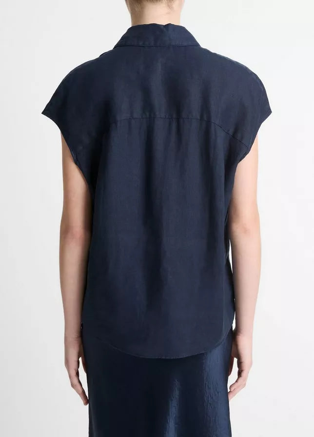 Vince  Linen Cap-Sleeve Button-Front Blouse
