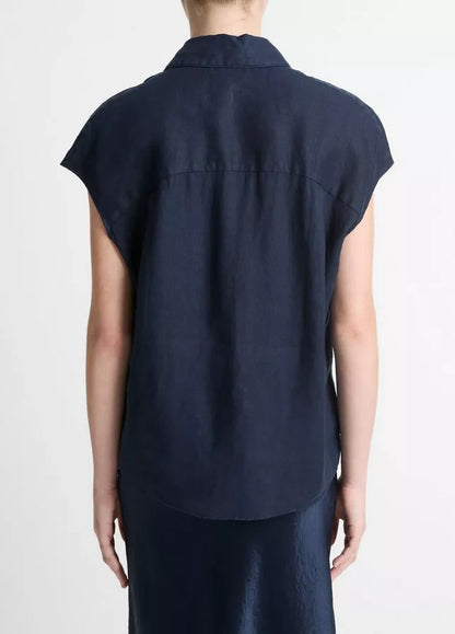 Vince  Linen Cap-Sleeve Button-Front Blouse