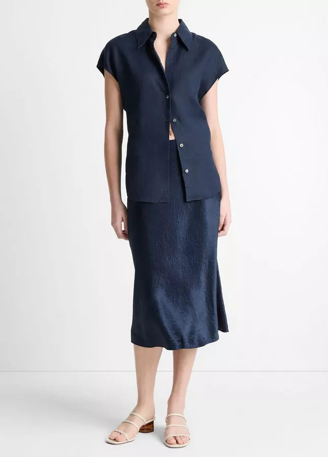 Vince  Linen Cap-Sleeve Button-Front Blouse