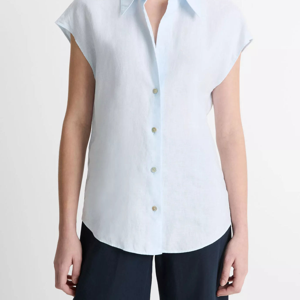 Vince  Linen Cap-Sleeve Button-Front Blouse