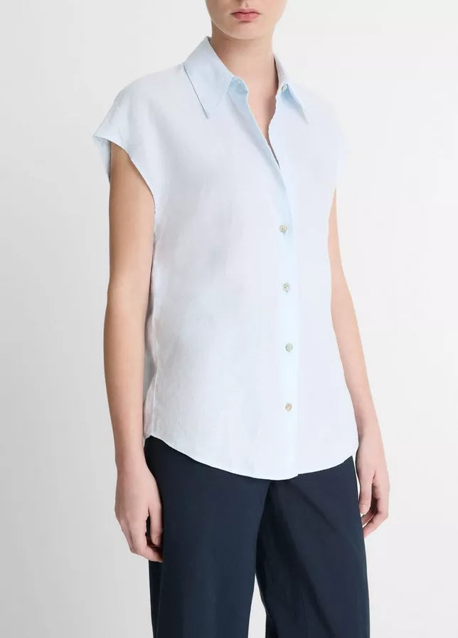 Vince  Linen Cap-Sleeve Button-Front Blouse