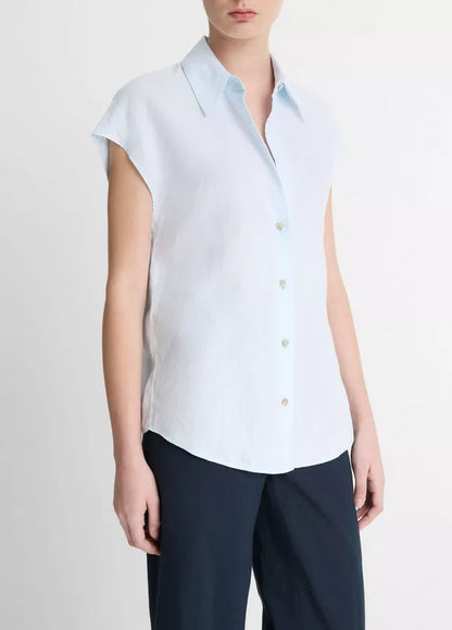 Vince  Linen Cap-Sleeve Button-Front Blouse