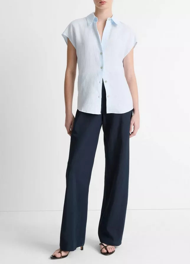 Vince  Linen Cap-Sleeve Button-Front Blouse
