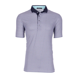 White and Navy Blue Monogram Print Polo Shirt