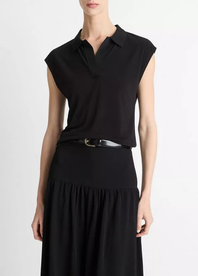 Vince Matte Jersey Cap-Sleeve Polo Top