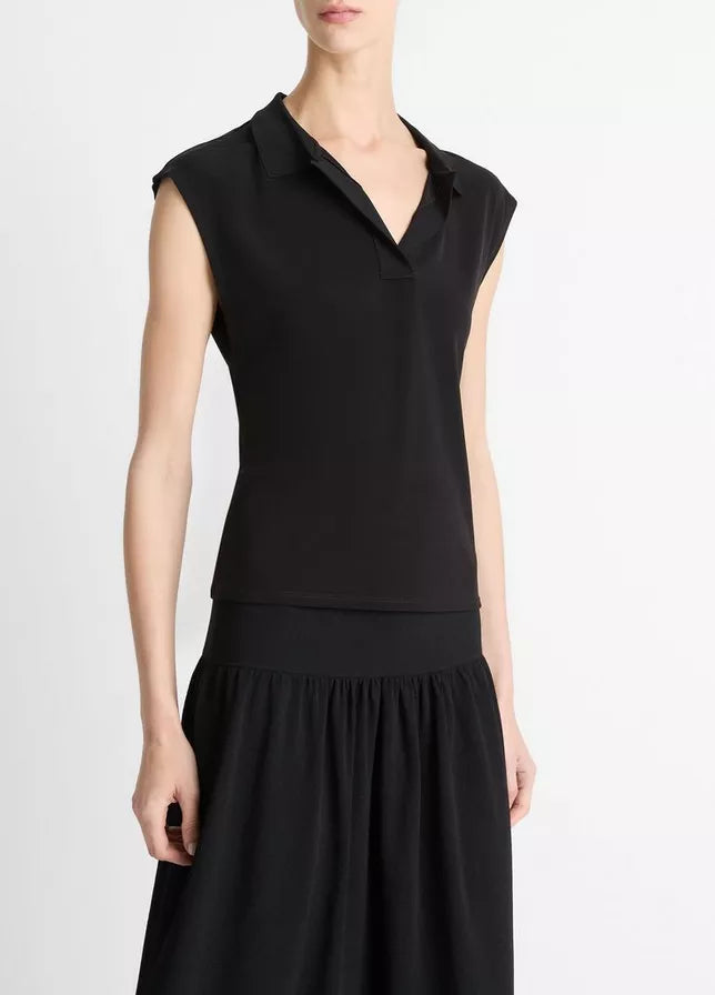 Vince Matte Jersey Cap-Sleeve Polo Top