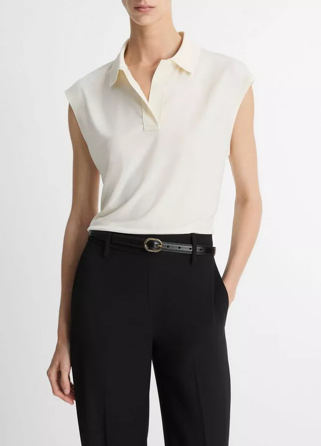 Vince Matte Jersey Cap-Sleeve Polo Top