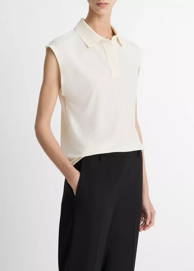 Vince Matte Jersey Cap-Sleeve Polo Top