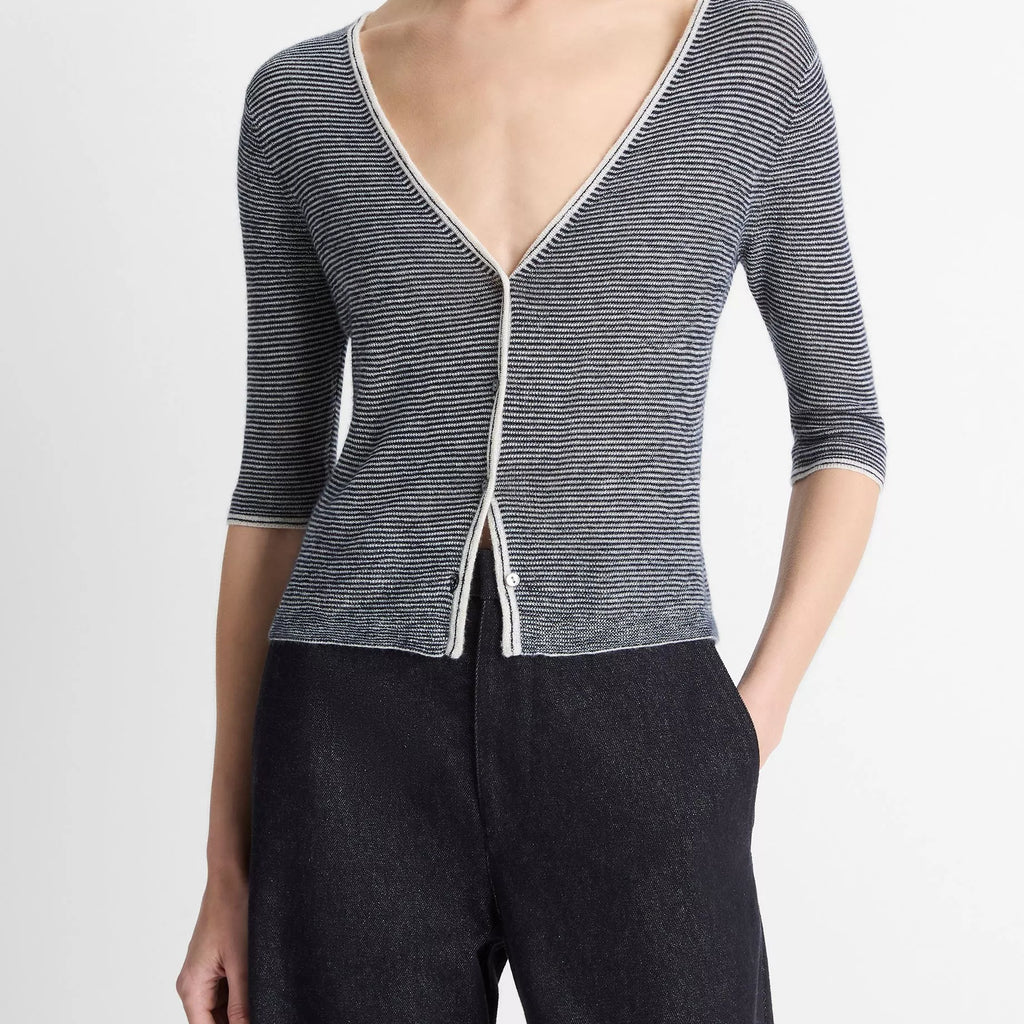Vince Micro-Stripe Cashmere-Silk Cardigan