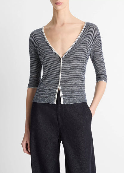 Vince Micro-Stripe Cashmere-Silk Cardigan