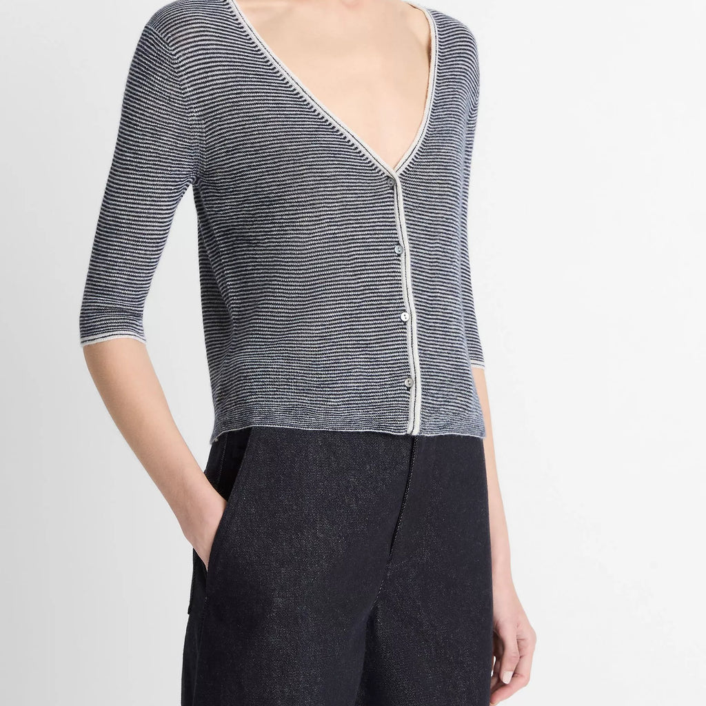 Vince Micro-Stripe Cashmere-Silk Cardigan