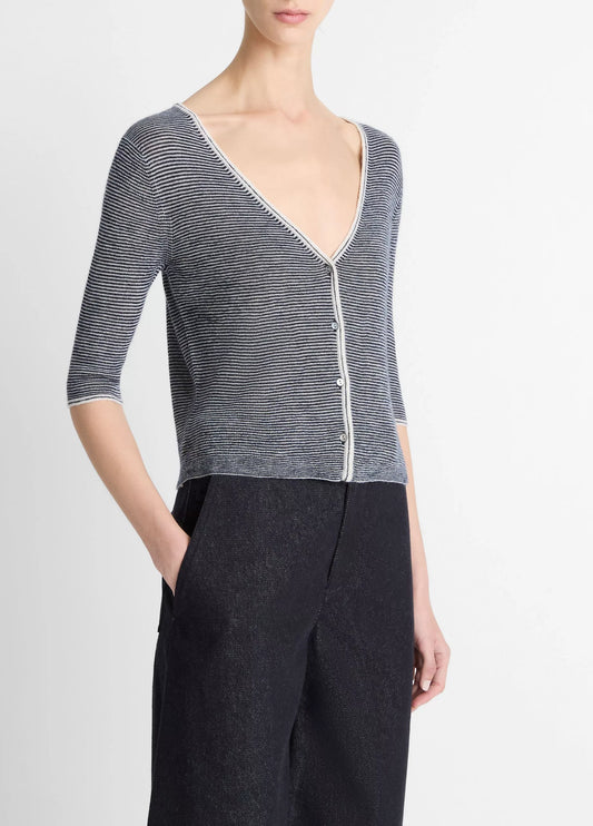 Vince Micro-Stripe Cashmere-Silk Cardigan