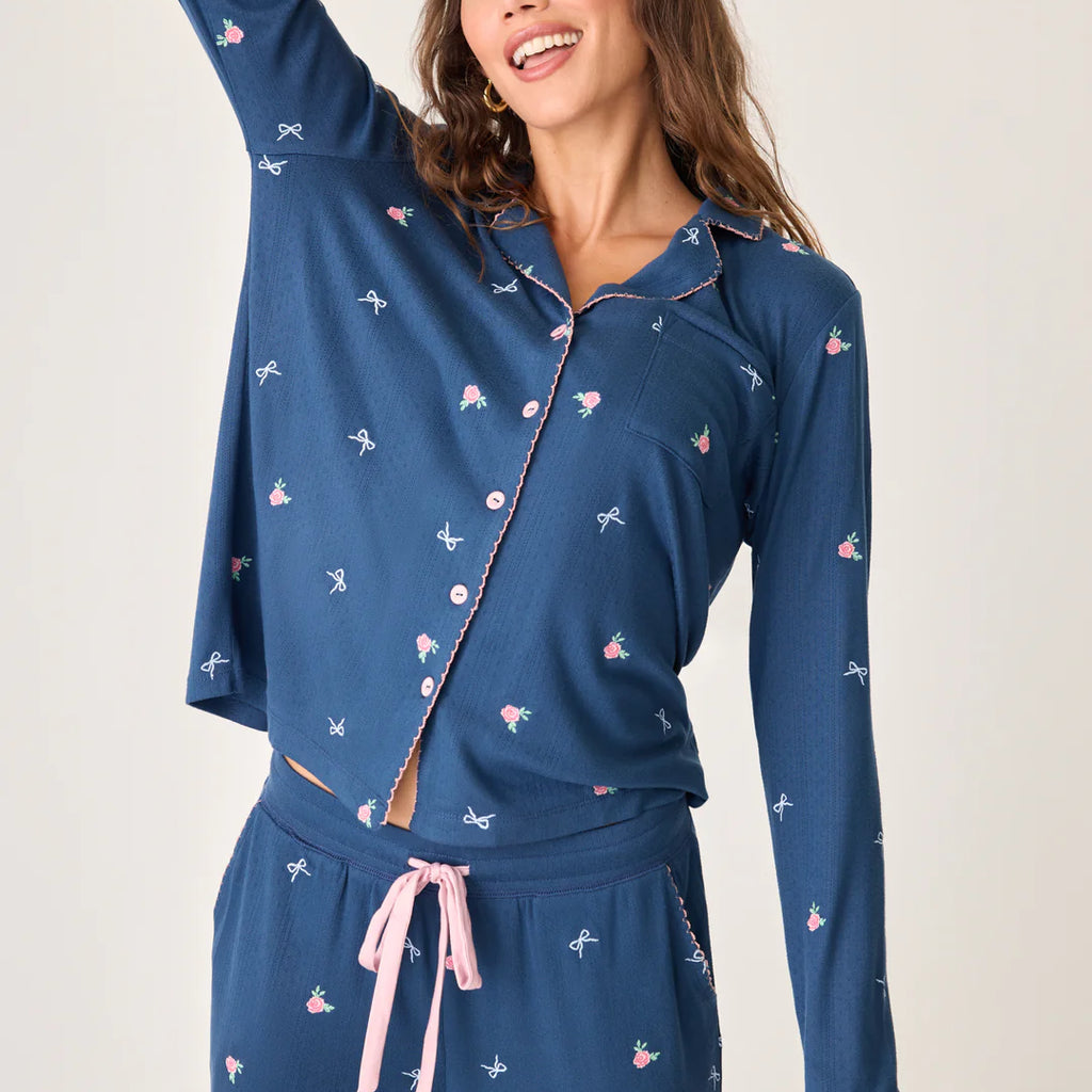 PJ Salvage English Rose Navy Blue Floral Long Sleeve Top