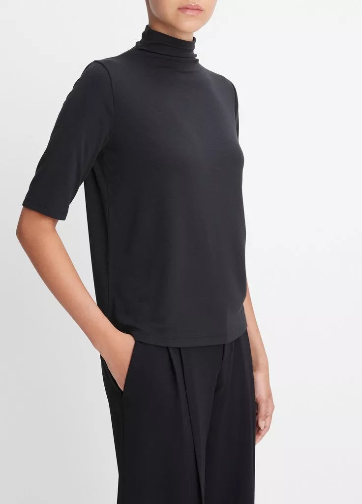 Vince Relaxed Elbow-Sleeve Mock Neck T-Shirt