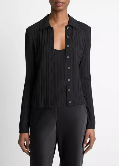 Vince  Ribbed Collared Long-Sleeve Button-Front Top