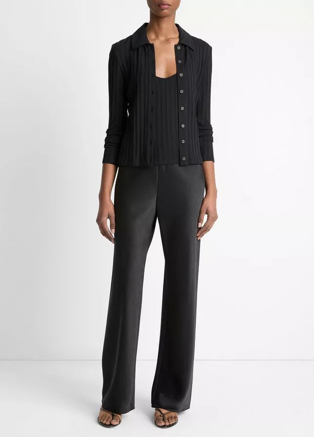 Vince  Ribbed Collared Long-Sleeve Button-Front Top