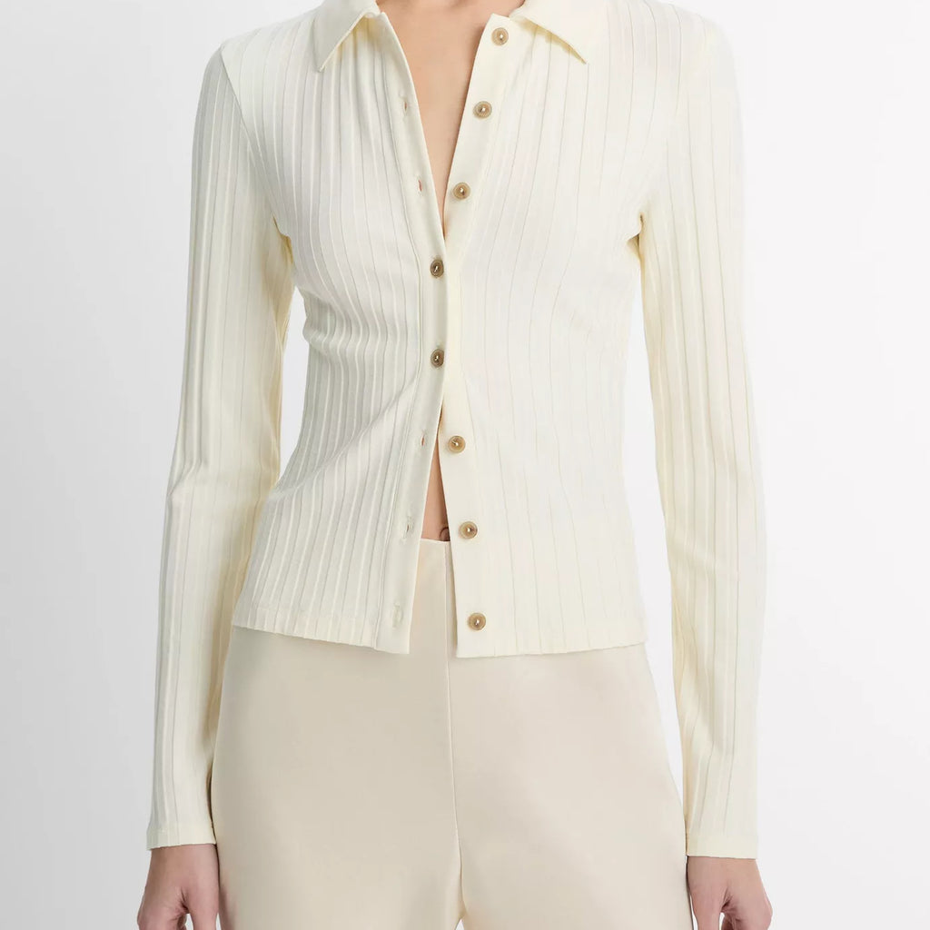Vince  Ribbed Collared Long-Sleeve Button-Front Top
